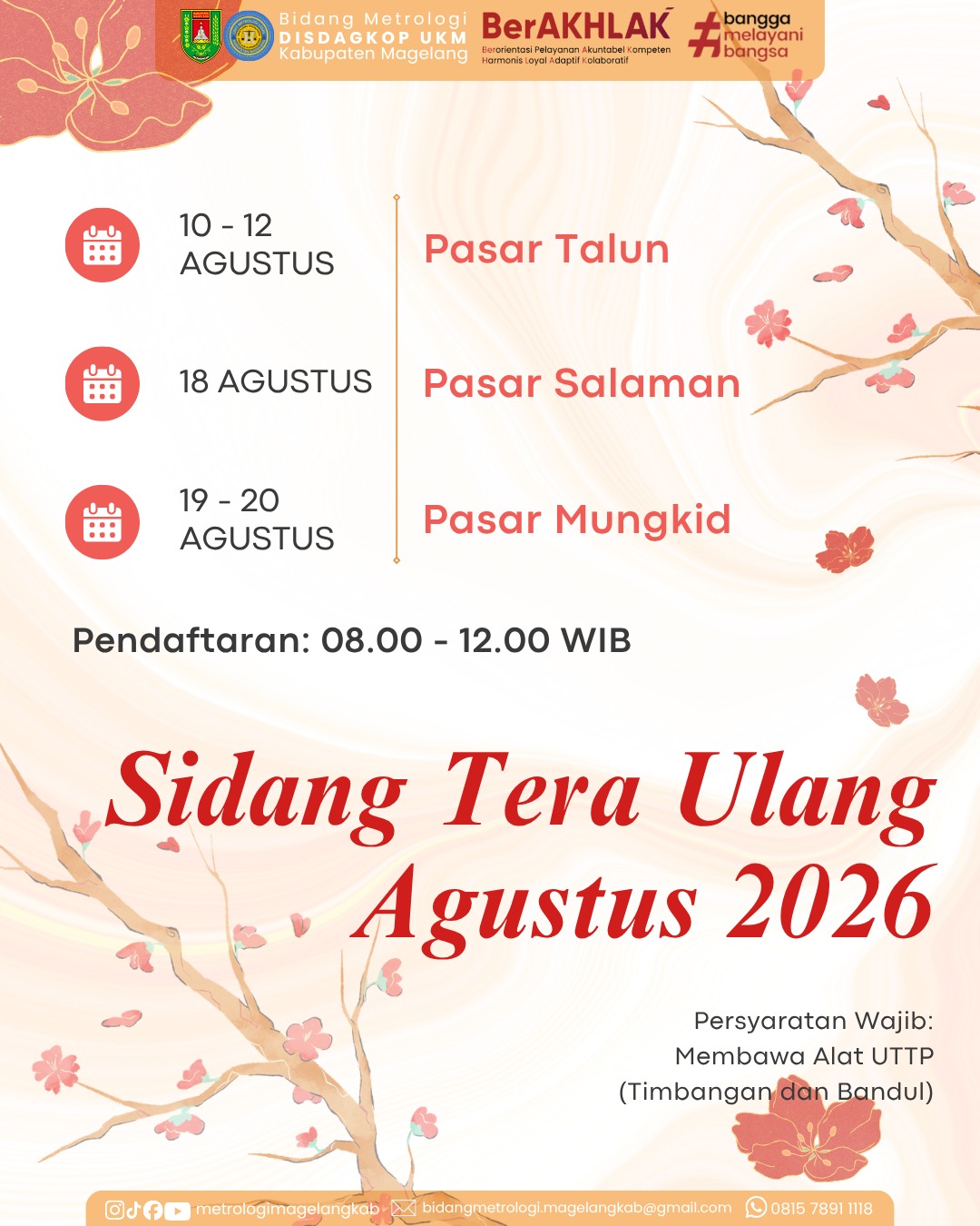 Poster pengumuman: Jadwal Pelayanan Sidang Tera Ulang Bulan Agustus 2026